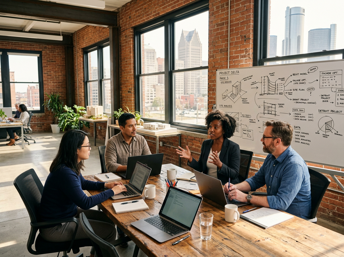 DONGOLAAX team planning a cloud architecture engagement in the Detroit office