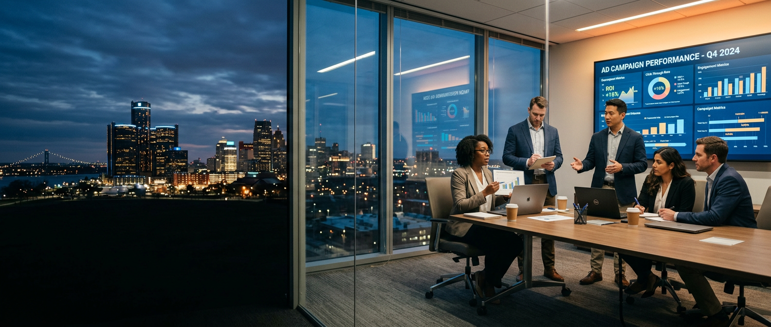 Marketing strategy team reviewing campaign performance overlooking the Detroit skyline