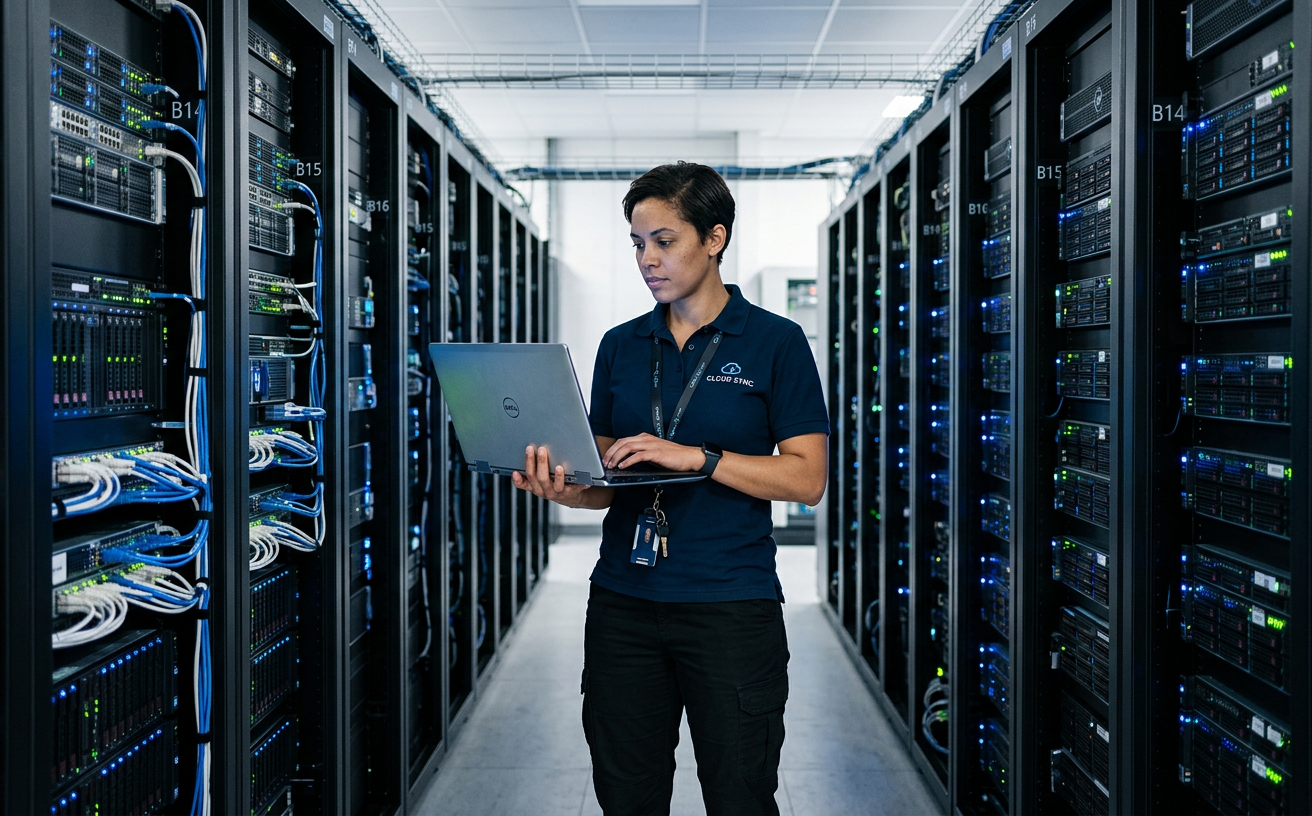 DevOps engineer working in a data center server aisle