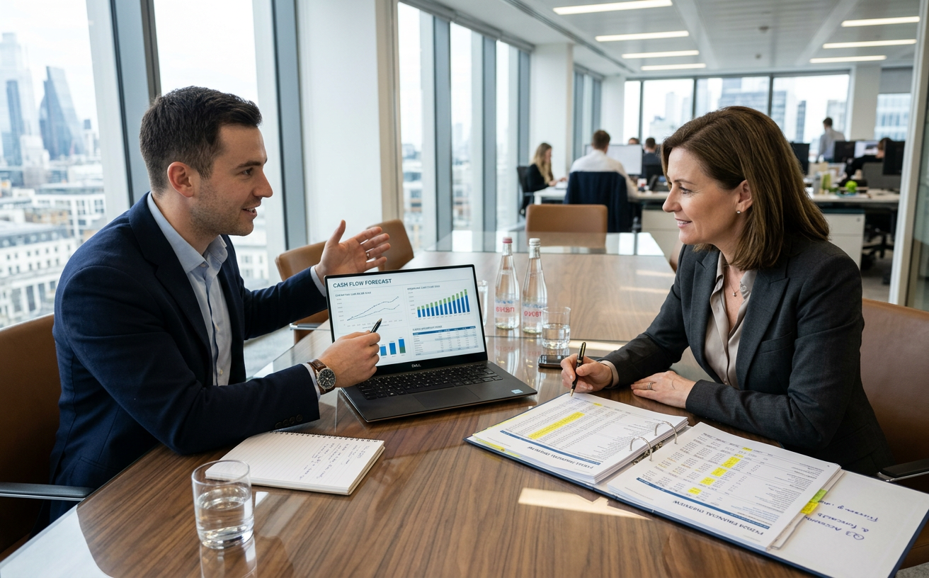 Financial analyst and CFO reviewing cash-flow forecasts